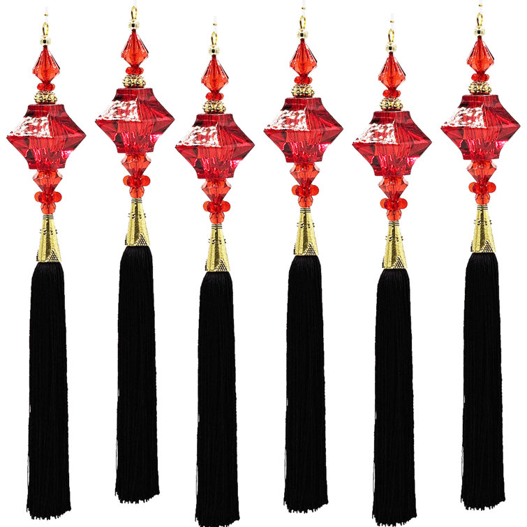 12" Red Acrylic Bead Ornaments with Black Rayon Tassels, Set of 6