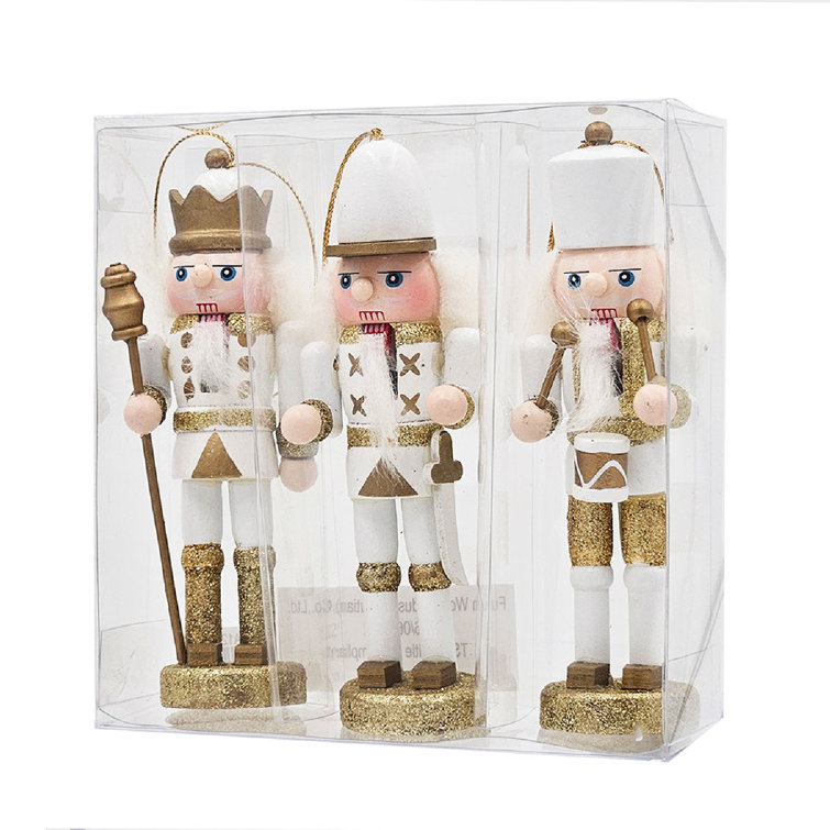 Set of 9 White and Gold Wooden Nutcracker Ornaments