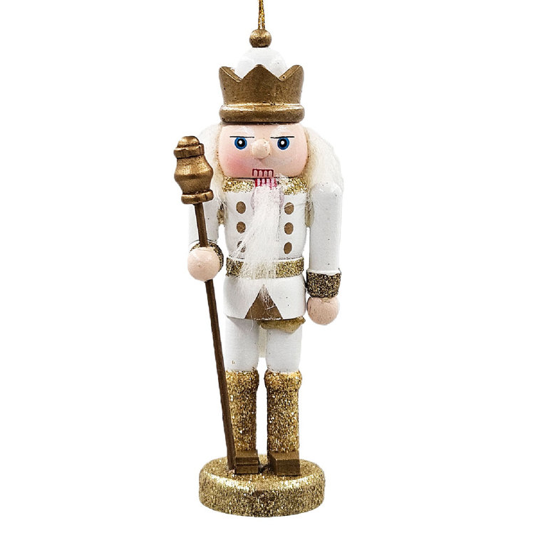 Set of 9 White and Gold Wooden Nutcracker Ornaments