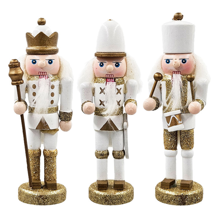 Set of 9 White and Gold Wooden Nutcracker Ornaments