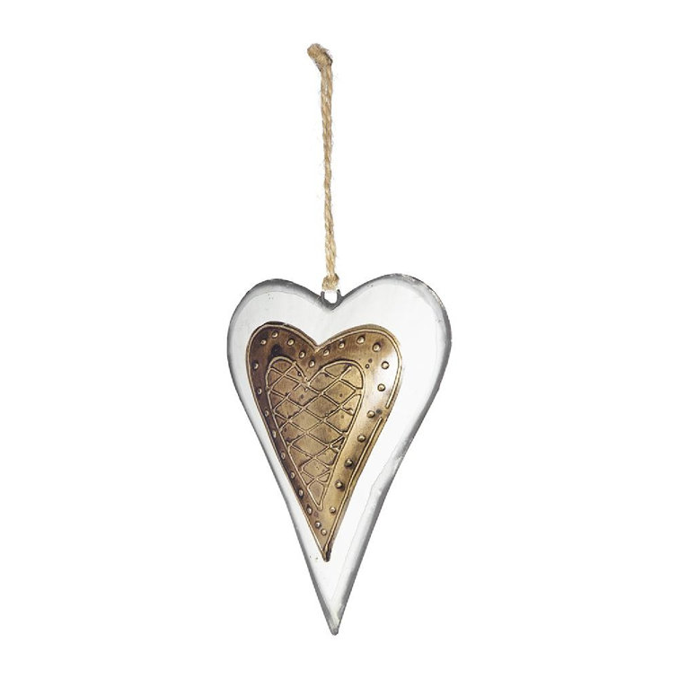 Set of 12 White and Gold Iron Heart Hanging Ornaments