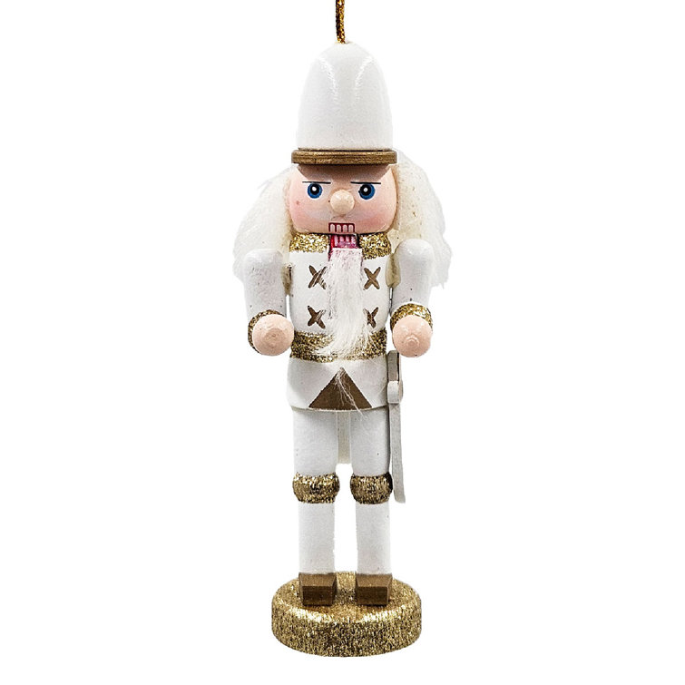 Set of 9 White and Gold Wooden Nutcracker Ornaments
