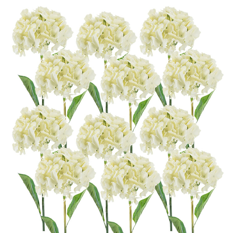 34" Cream Faux Hydrangea Stems with Leaves - Set of 12