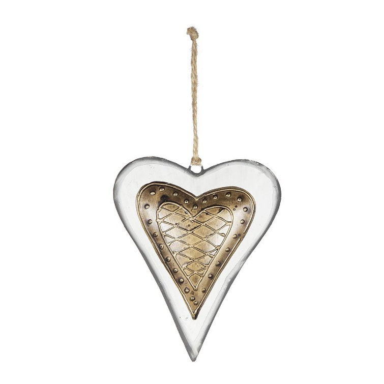 Set of 12 White and Gold Iron Heart Hanging Ornaments