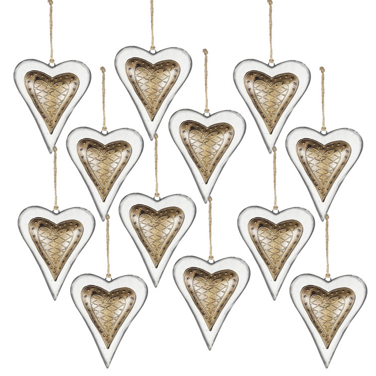 Set of 12 White and Gold Iron Heart Hanging Ornaments