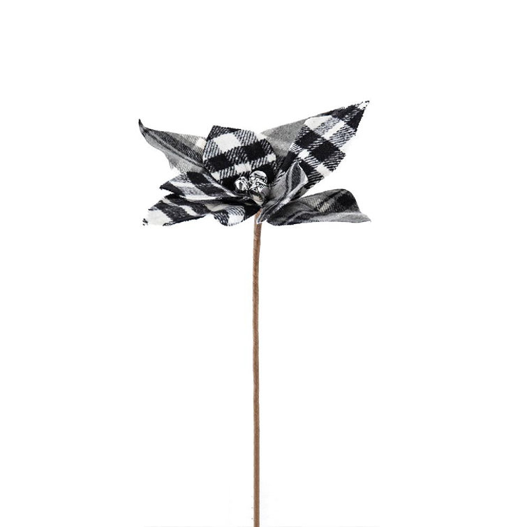 13" Black and White Plaid Poinsettia Stems Set of 12