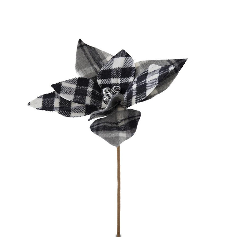 13" Black and White Plaid Poinsettia Stems Set of 12