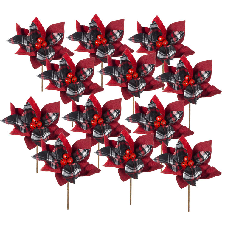 Set of 12 Red and Black Plaid Poinsettia Stems