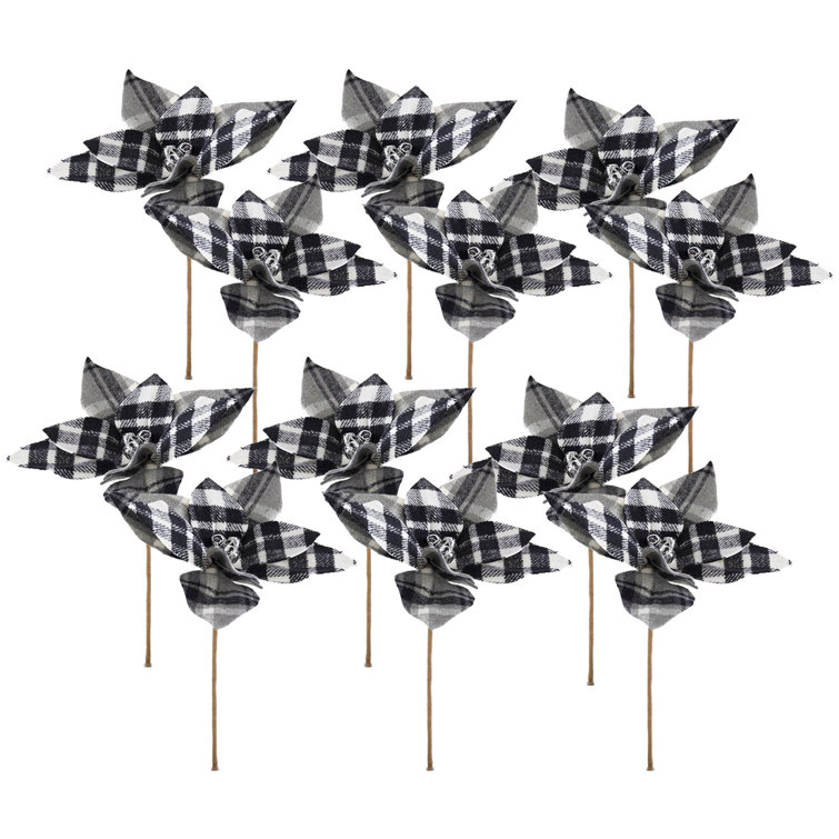 13" Black and White Plaid Poinsettia Stems Set of 12