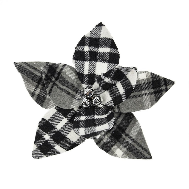 13" Black and White Plaid Poinsettia Stems Set of 12