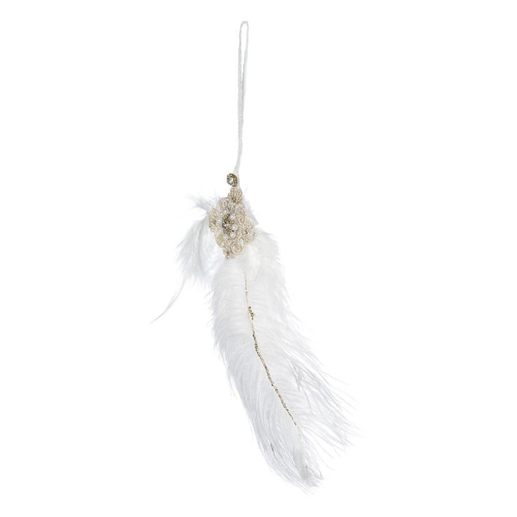White Feather and Bead Hanging Ornaments Set of 6