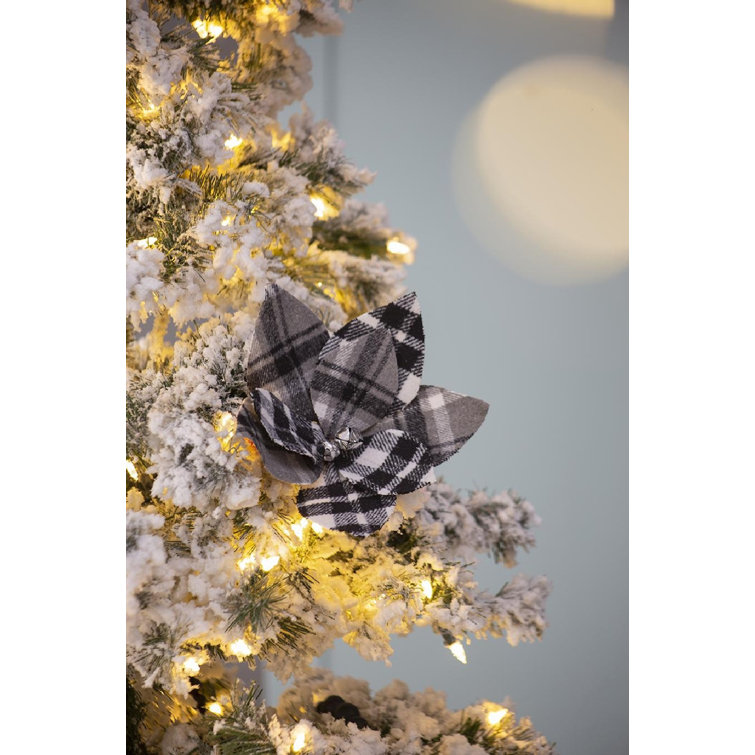 13" Black and White Plaid Poinsettia Stems Set of 12