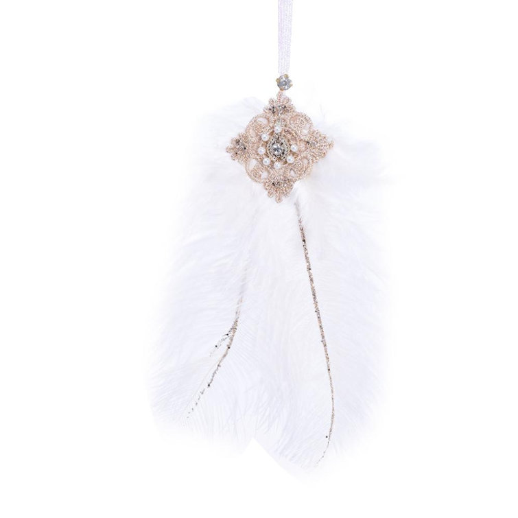 White Feather and Bead Hanging Ornaments Set of 6