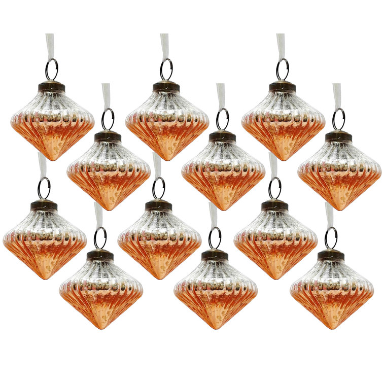 Set of 12 Silver and Orange Glass Christmas Ornaments