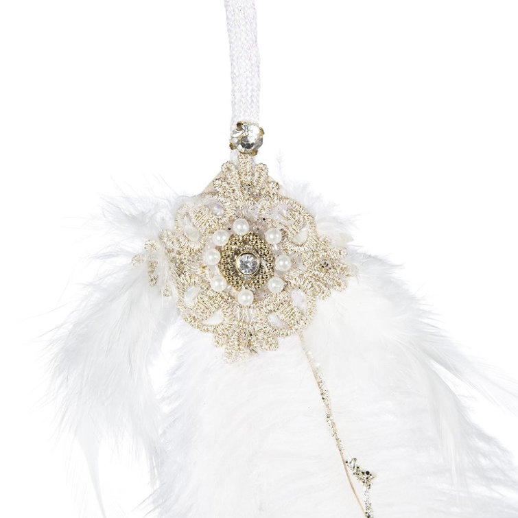 White Feather and Bead Hanging Ornaments Set of 6