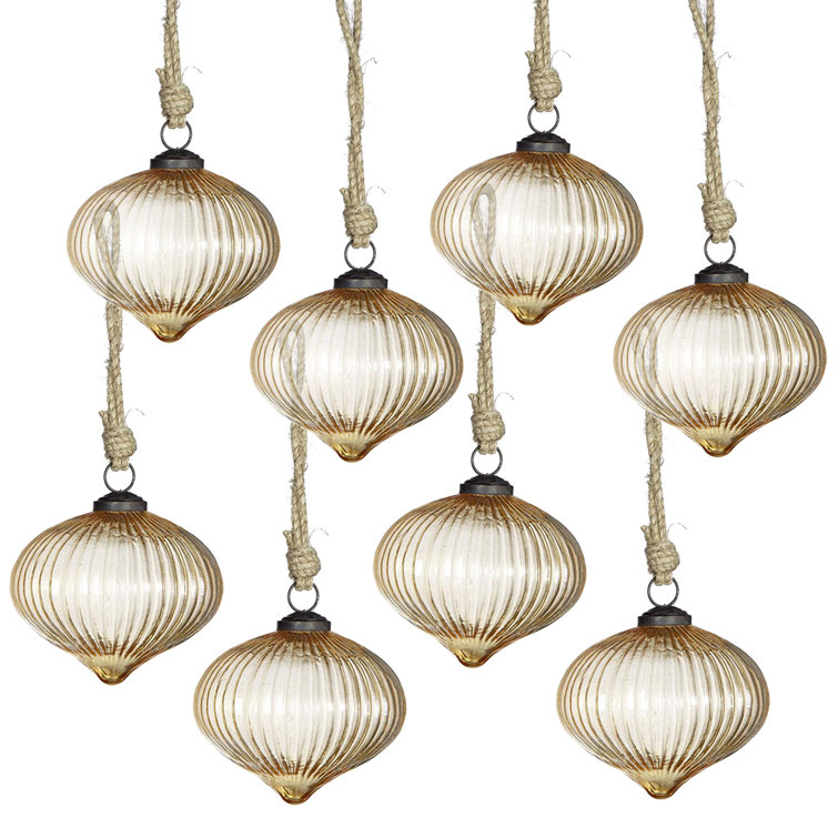 Amber Ribbed Glass Ornaments Set of 8
