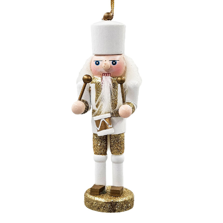 Set of 9 White and Gold Wooden Nutcracker Ornaments
