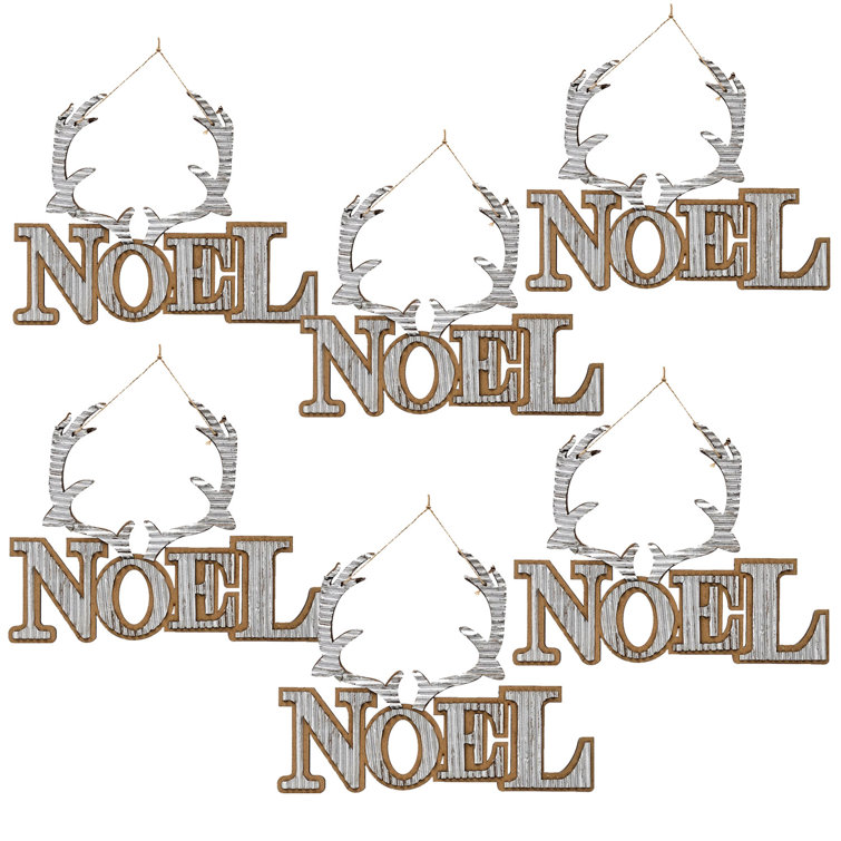 Rustic Silver and Brown Noel Ornaments Set of 6
