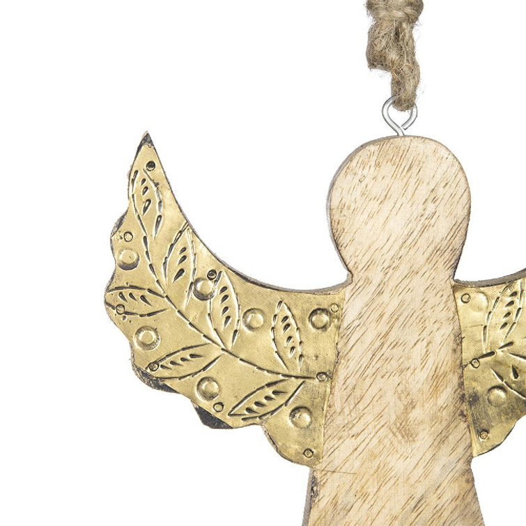 Set of 6 Wooden Angels with Gold Wings Hanging Ornaments