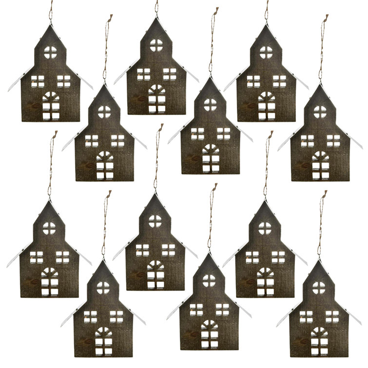 Rustic Black Wooden House Hanging Ornaments Set of 12