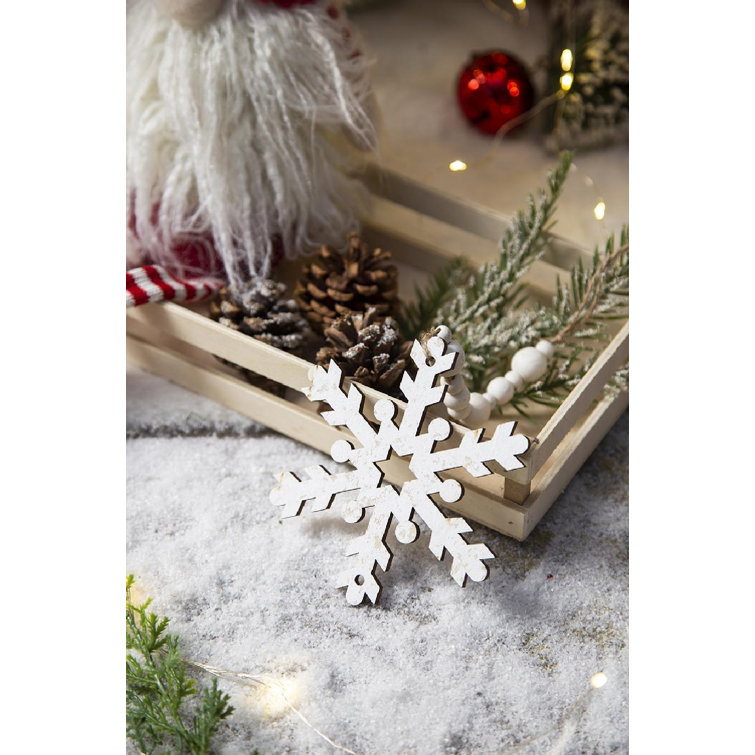 Set of 12 Clear Beaded Wood Snowflake Ornaments