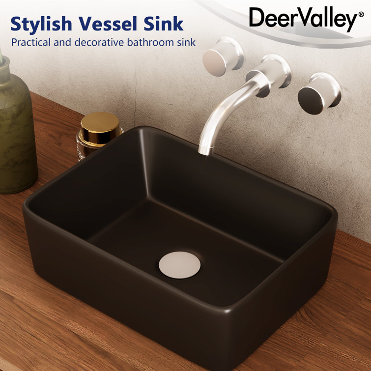 Black Ceramic Rectangular Vessel Bathroom Sink, 16'' x 12''
