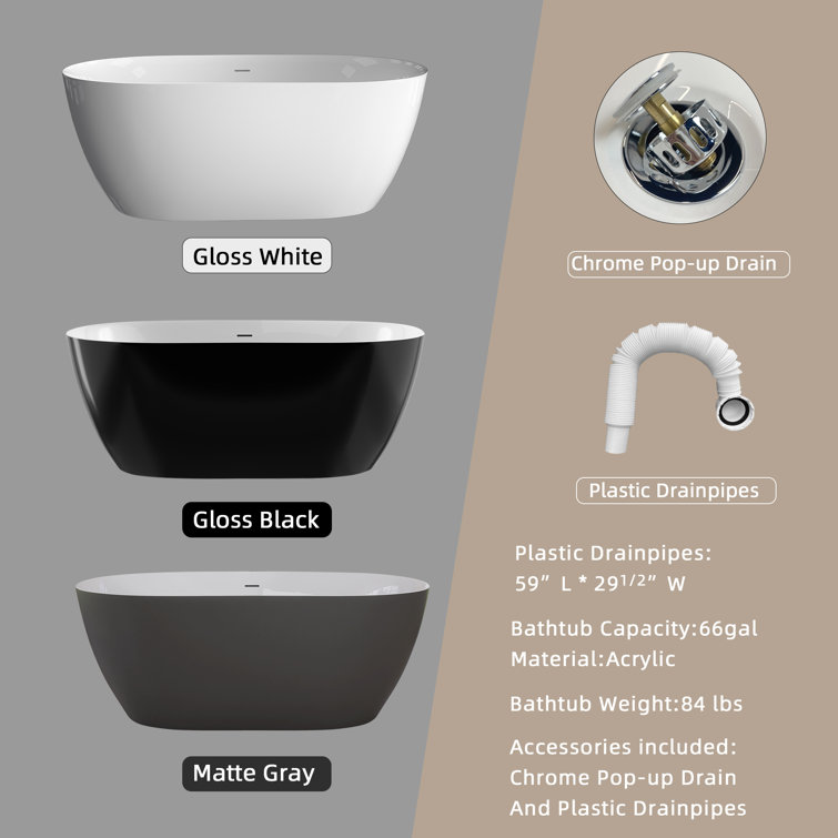 Gloss White 59'' Freestanding Acrylic Soaking Bathtub