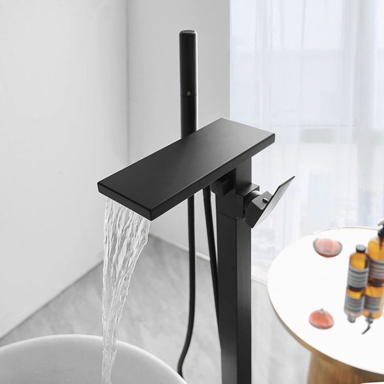 Matte Black Solid Brass Freestanding Tub Faucet with Hand Shower