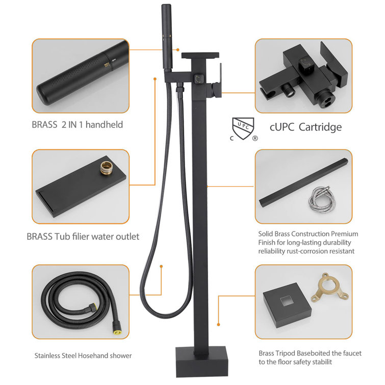 Matte Black Solid Brass Freestanding Tub Faucet with Hand Shower