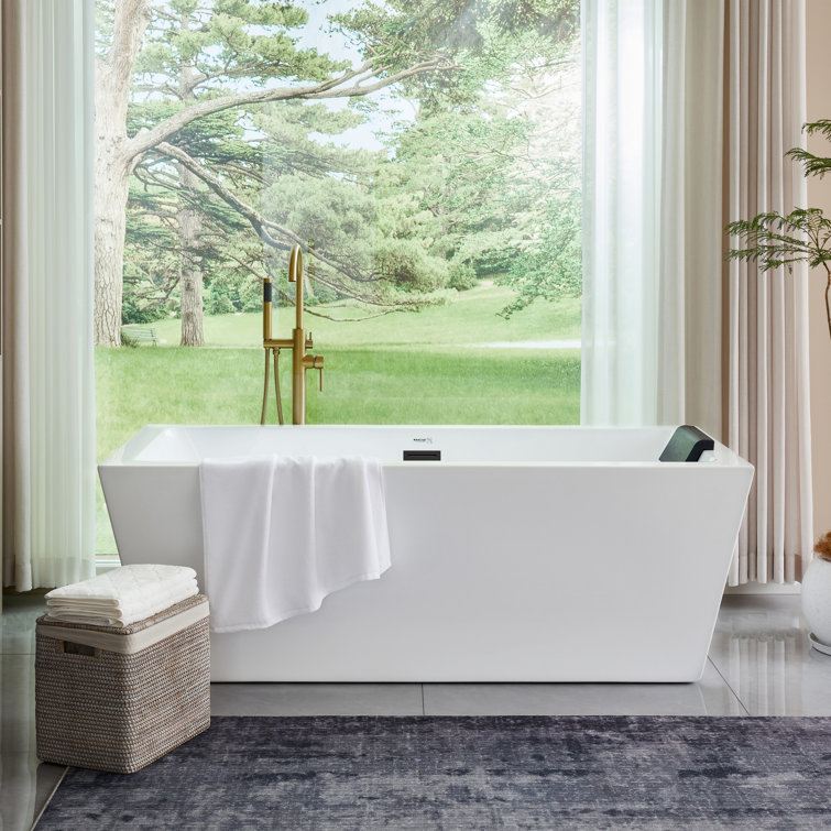 67" White Acrylic Freestanding Soaking Bathtub with Matte Black Overflow