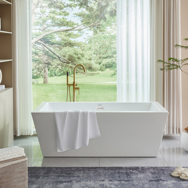 67'' White Acrylic Freestanding Soaking Bathtub with Chrome Overflow