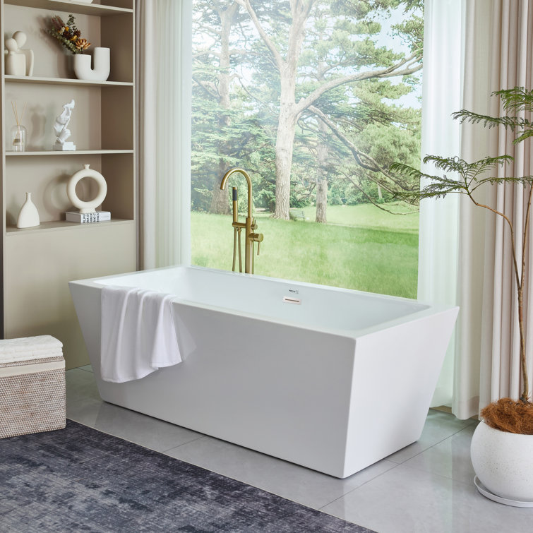 67'' White Acrylic Freestanding Soaking Bathtub with Chrome Overflow