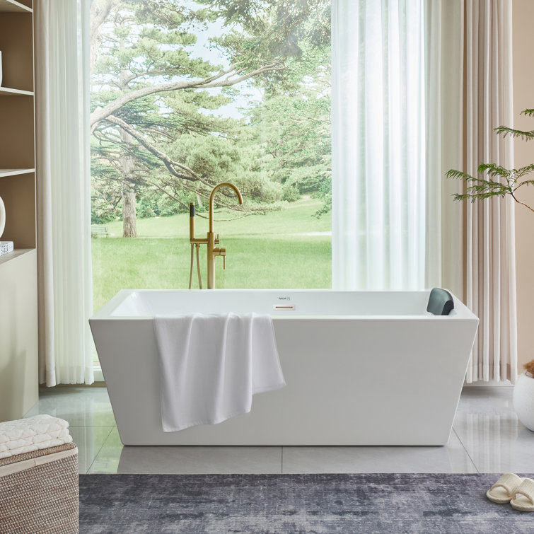 67'' White Acrylic Freestanding Soaking Bathtub with Chrome Overflow