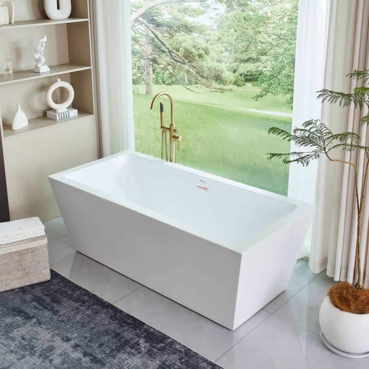 67'' White Acrylic Freestanding Soaking Bathtub with Chrome Overflow