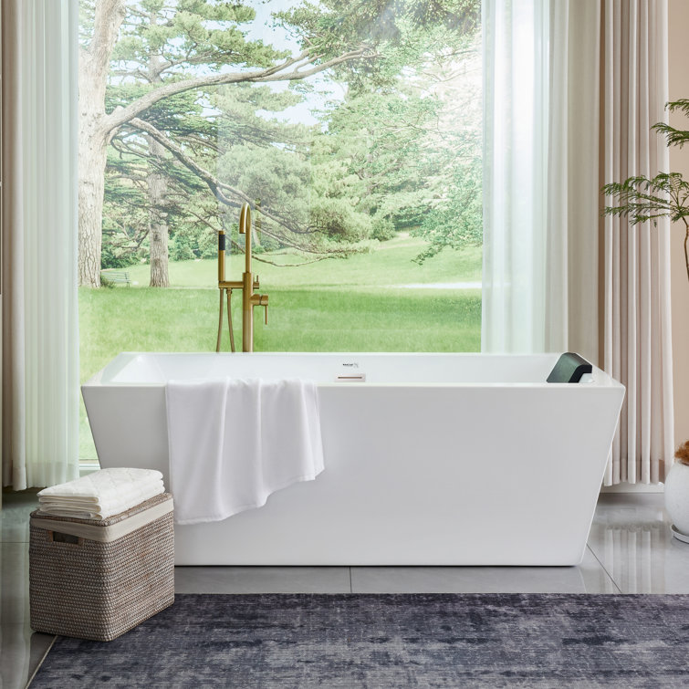 67'' White Acrylic Freestanding Soaking Bathtub with Chrome Overflow