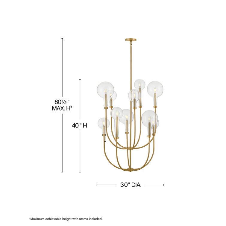 Lacquered Brass 10-Light Multi-Tier Chandelier with Clear Glass Shades