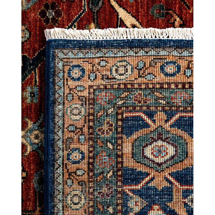 Hand-Knotted Red Wool Geometric Rectangular Area Rug, 7' 11" x 9' 11"