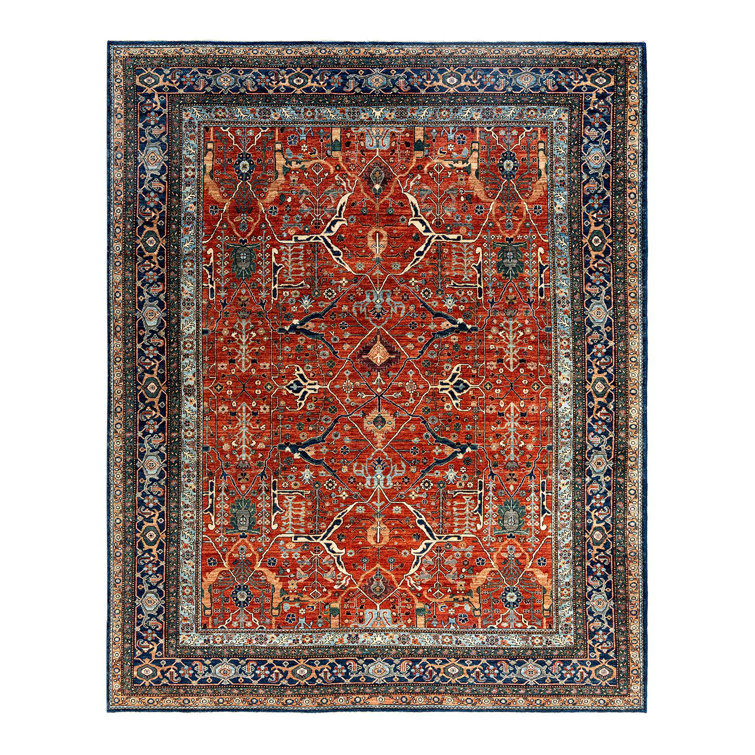 Hand-Knotted Red Wool Geometric Rectangular Area Rug, 7' 11" x 9' 11"