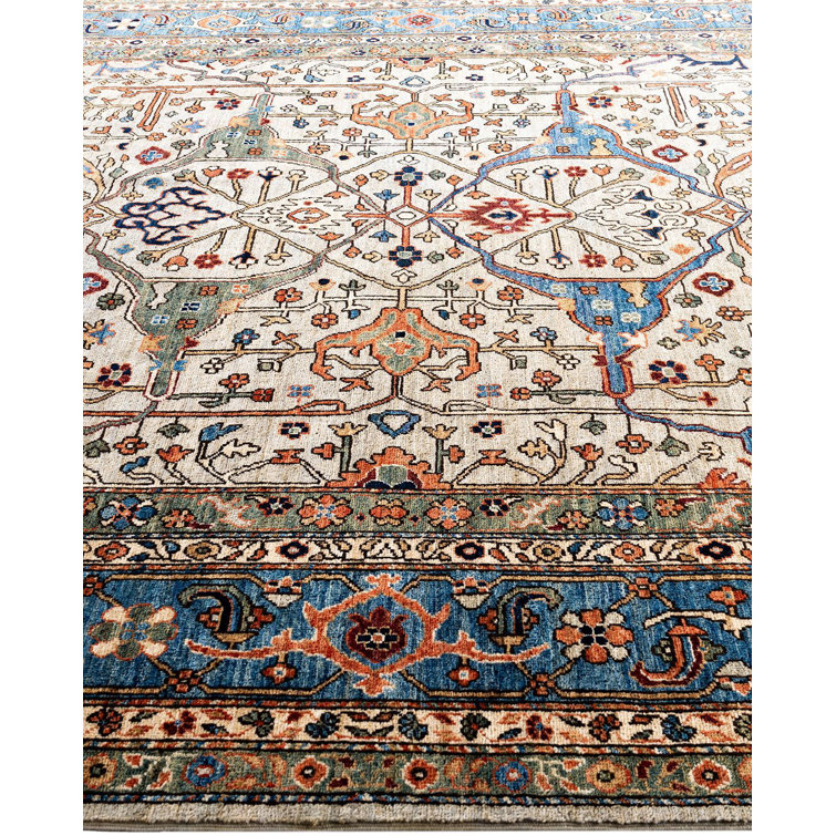 Serapi Light Gray and Blue Hand-Knotted Wool Area Rug