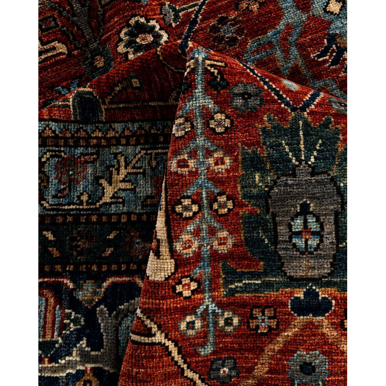 Hand-Knotted Red Wool Geometric Rectangular Area Rug, 7' 11" x 9' 11"
