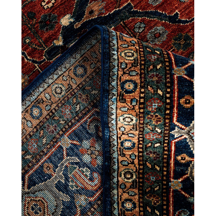 Hand-Knotted Red Wool Geometric Rectangular Area Rug, 7' 11" x 9' 11"