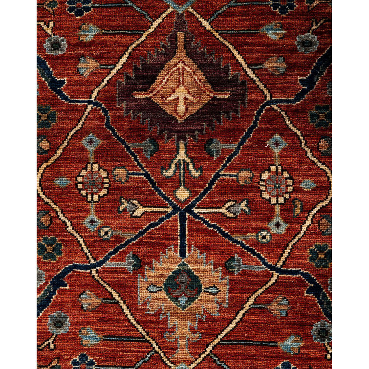 Hand-Knotted Red Wool Geometric Rectangular Area Rug, 7' 11" x 9' 11"