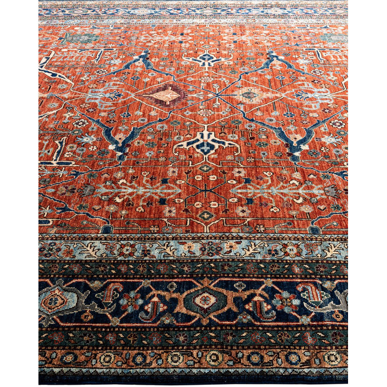Hand-Knotted Red Wool Geometric Rectangular Area Rug, 7' 11" x 9' 11"
