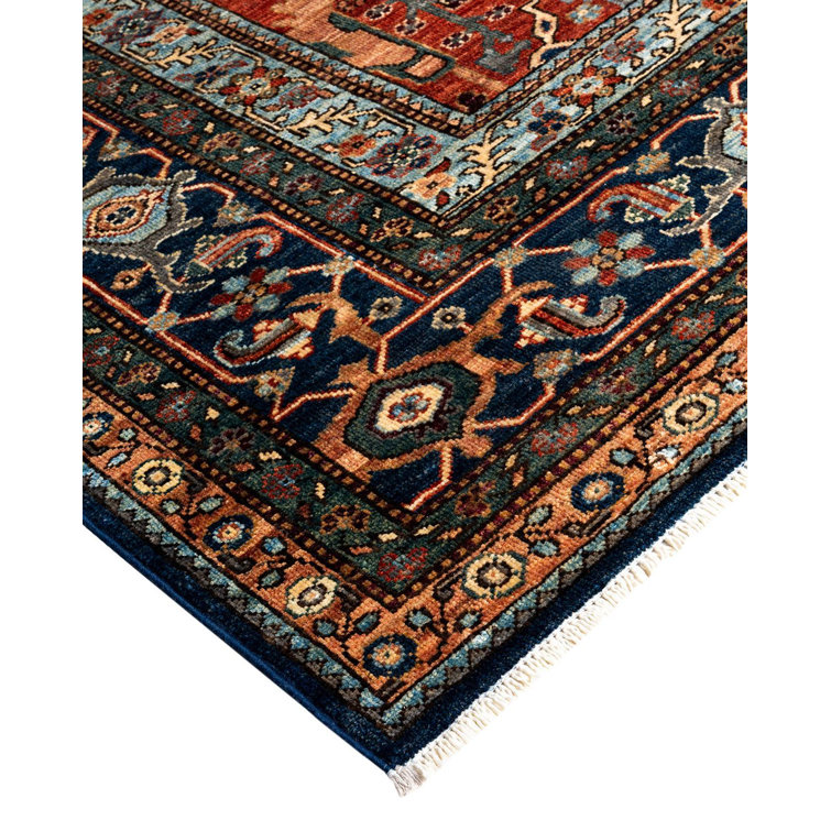 Hand-Knotted Red Wool Geometric Rectangular Area Rug, 7' 11" x 9' 11"