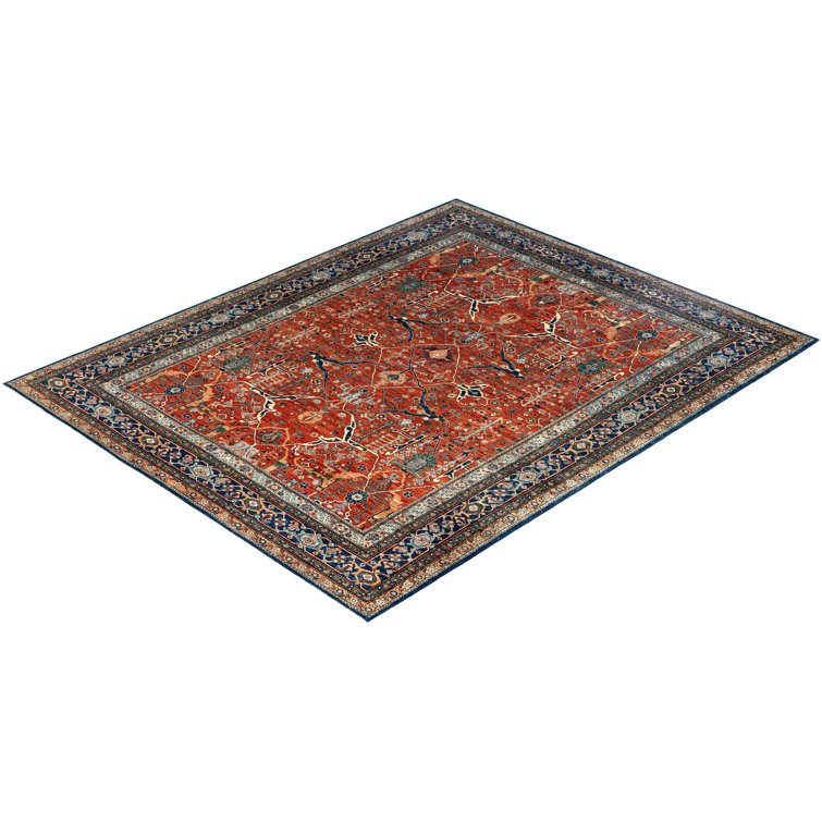 Hand-Knotted Red Wool Geometric Rectangular Area Rug, 7' 11" x 9' 11"