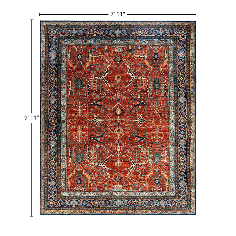 Hand-Knotted Red Wool Geometric Rectangular Area Rug, 7' 11" x 9' 11"
