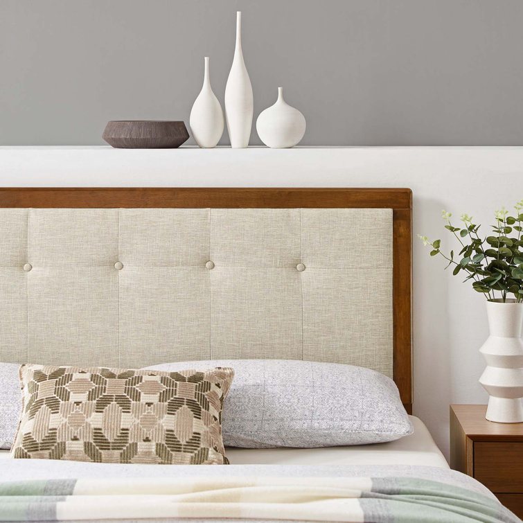 Walnut Beige Tufted Upholstered King Wood Headboard