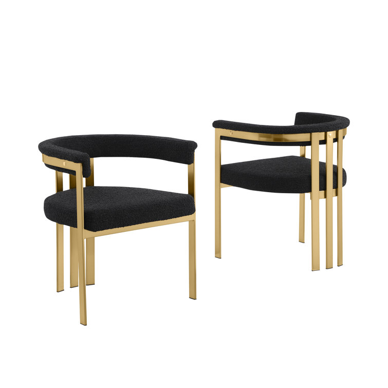 Black Boucle Upholstered Side Chairs with Gold Iron Frame, Set of 2