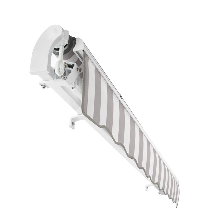 Gray and White Striped 10 ft Retractable Patio Awning