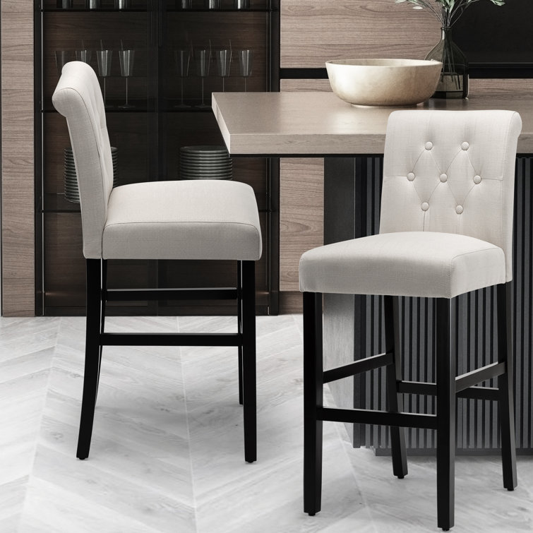 Beige Linen Upholstered Bar Stools with Black Wood Legs, Set of 2